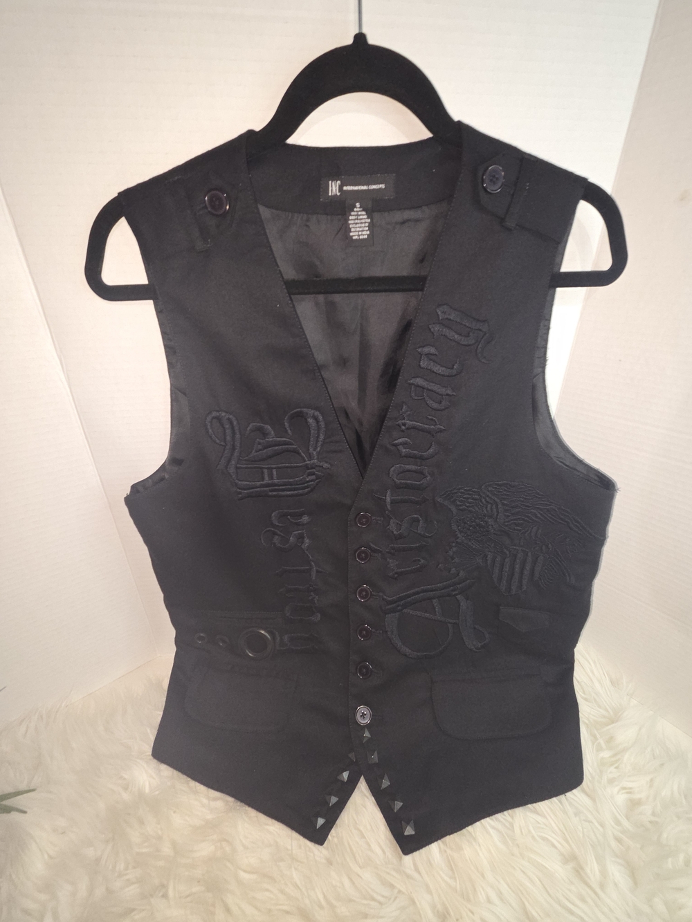 INC International Concepts Black Embroidered Button-Front Vest, Size S 100% Wool